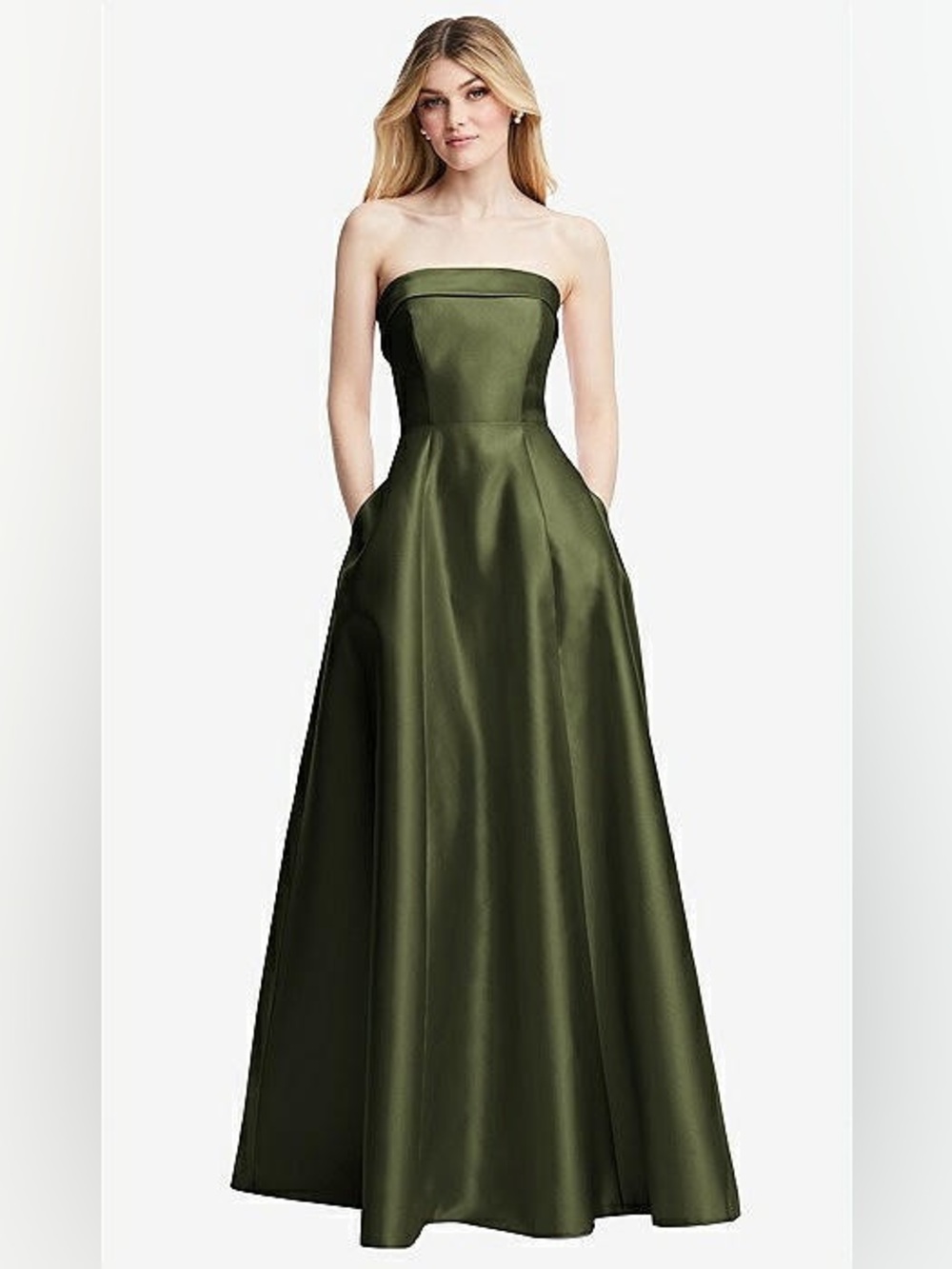 NEW Alfred Sung D889 Josephine Strapless Olive Green Satin Gown, Size 4